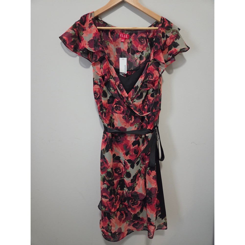 Elle Woman Romantic Floral Rose Chiffon Whimsigoth Faux Wrap Dress Plus 2X
